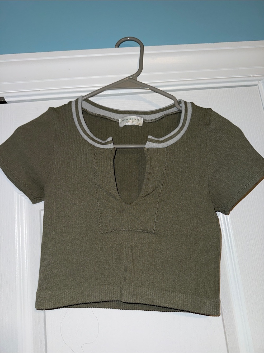 Altar'd State Olive Green Knit Crop Top with Contrast Trim